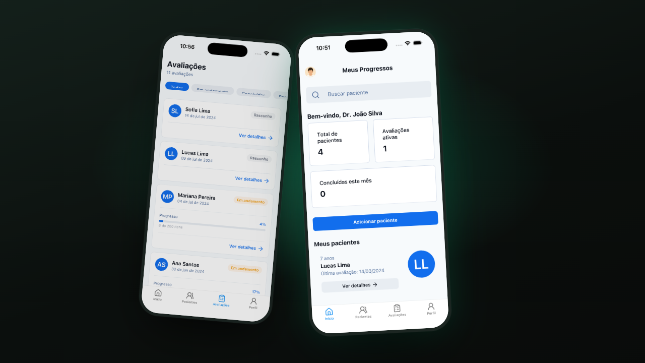 Meus Progressos mobile app — home dashboard and assessments screens